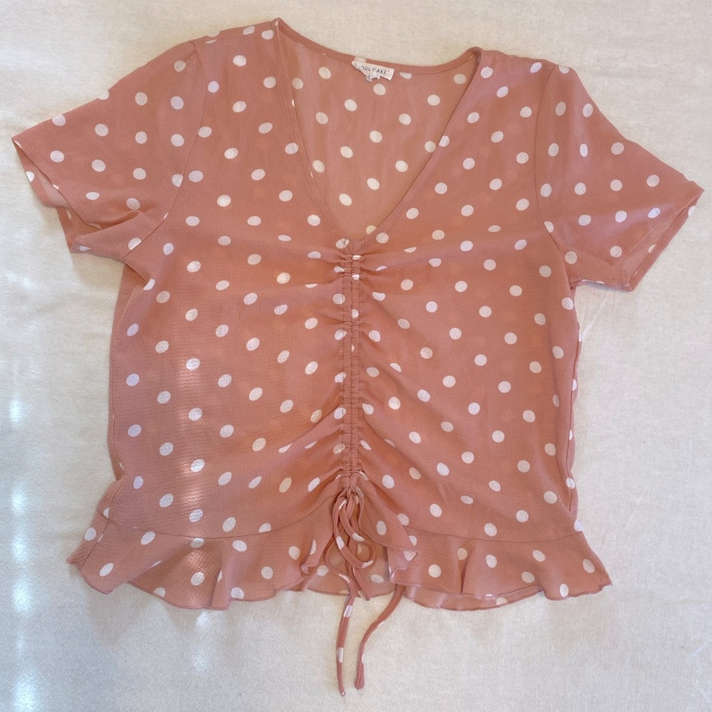 Pink polka dot ruched tie-front top Medium